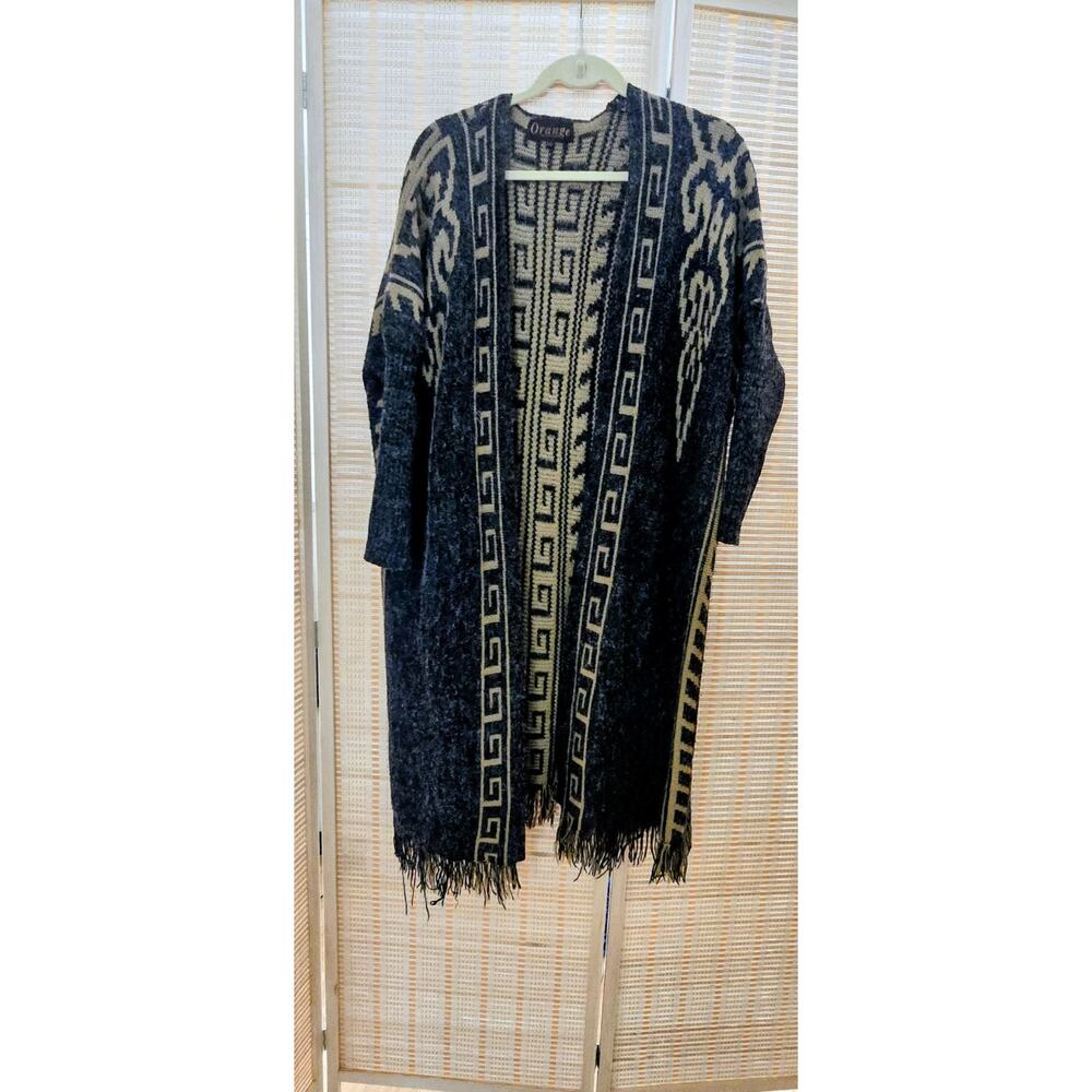 Boho Fringe Kimono Cardigan Black Beige Aztec Print Oversized 0/S